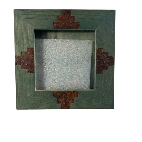 Square Southwestern Wood Metal Tabletop Picture Frame Green 4.5" X 4.5" Photo - Picture 1 of 6